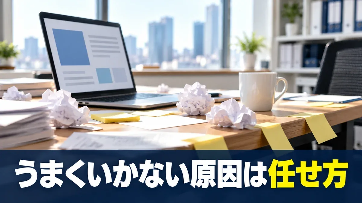 やり直した紙と付箋が置かれた机でAIの使い方に悩む様子を示すバナー