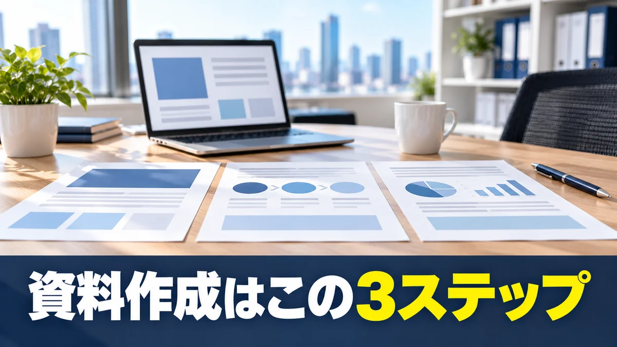 3枚の資料が並んだ机で資料作成の3ステップを示すバナー