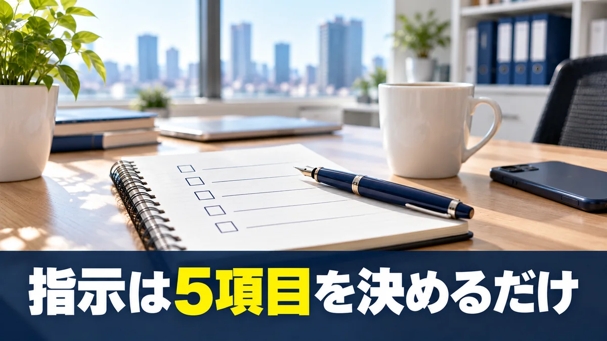 5つのチェック欄を書いたメモ帳でAIへの指示の決め方を示すバナー