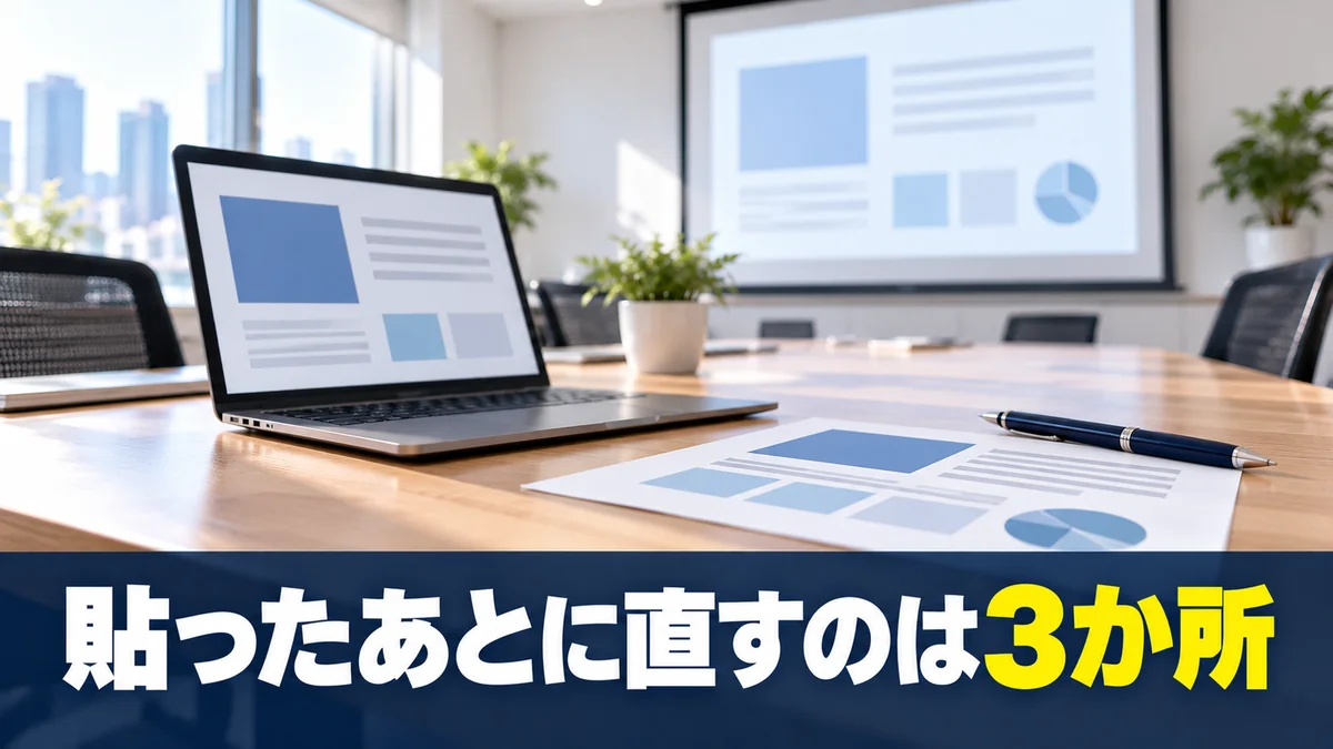 スライドを映した会議室で資料を読みやすく直す3か所を示すバナー