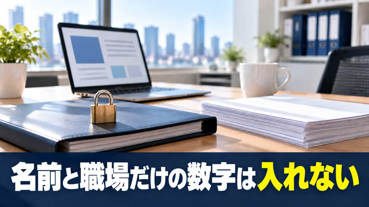 鍵のかかった書類フォルダが置かれた机でAIに入れない情報を示すバナー