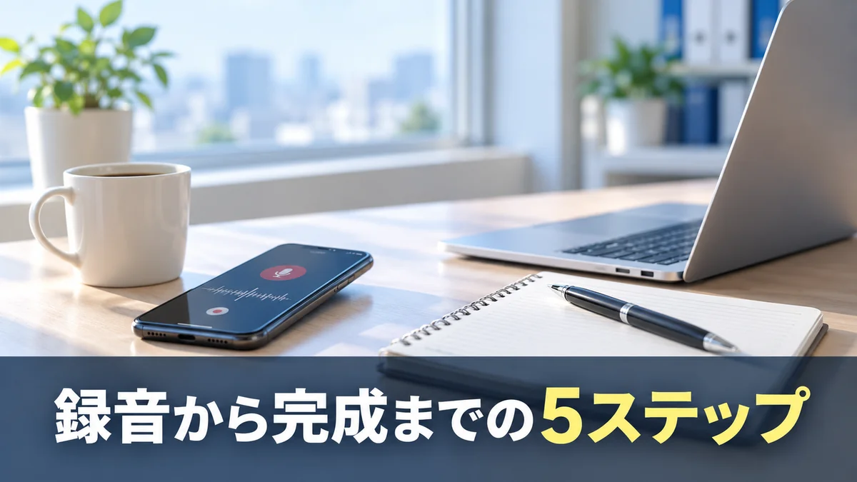 ChatGPTで議事録を録音から完成まで作る5ステップを示すバナー