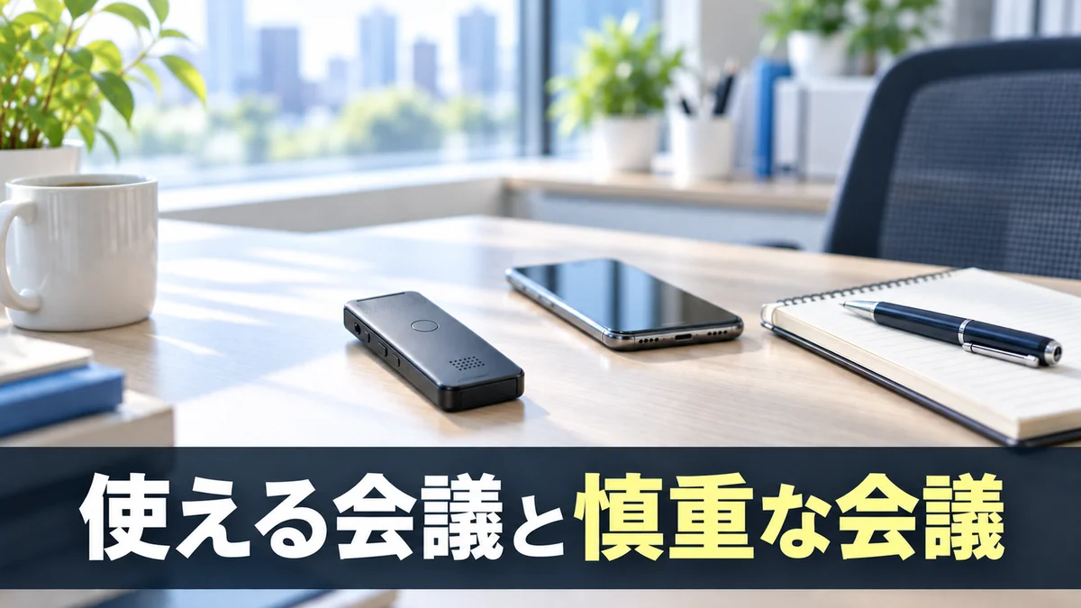 事務職の会議でAIボイスレコーダーを使える会議と慎重な会議を示すバナー