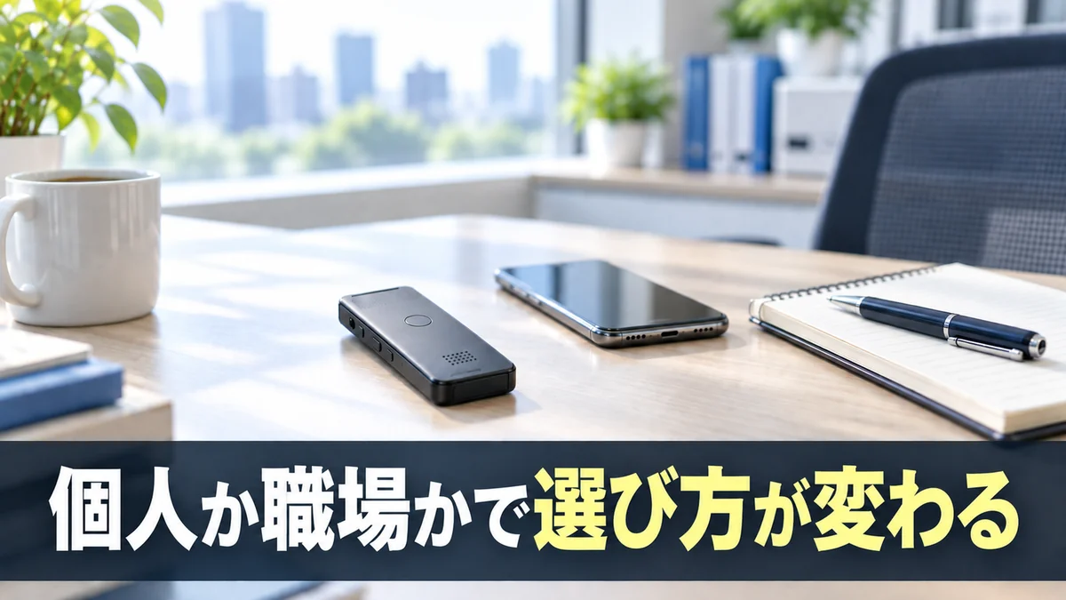 個人か職場かでAIボイスレコーダーの選び方が変わることを示すバナー