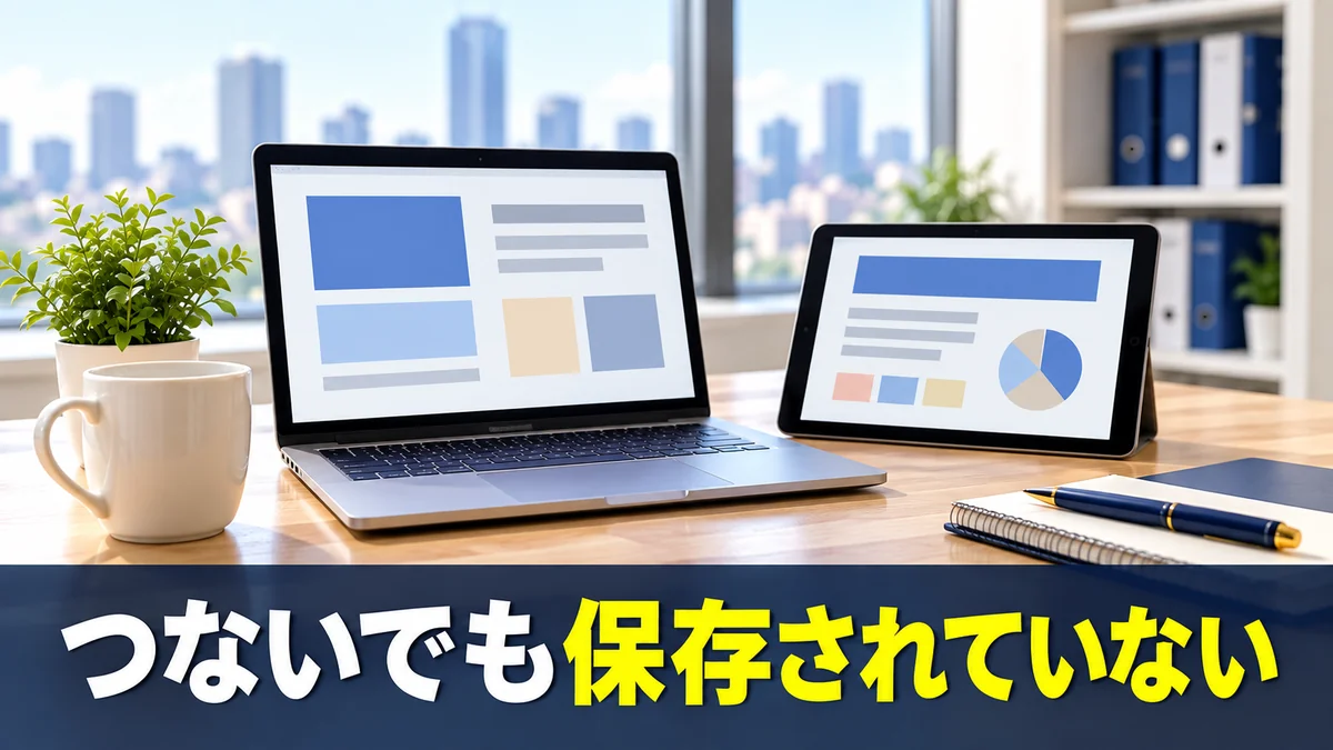 ノートパソコンとタブレットに少し違うデザインが映ったオフィスの机