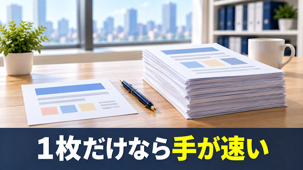 1枚の紙と大量の紙を並べて連携が向く場面を示すバナー