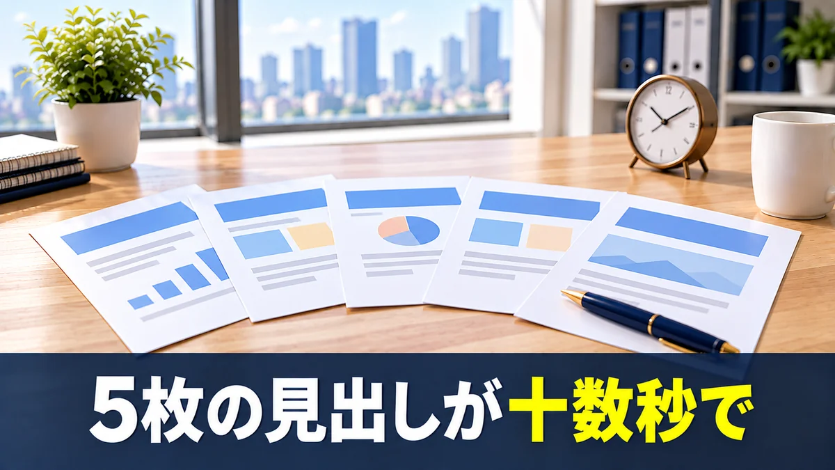 5枚のスライドと時計を並べて一括修正の速さを示すバナー