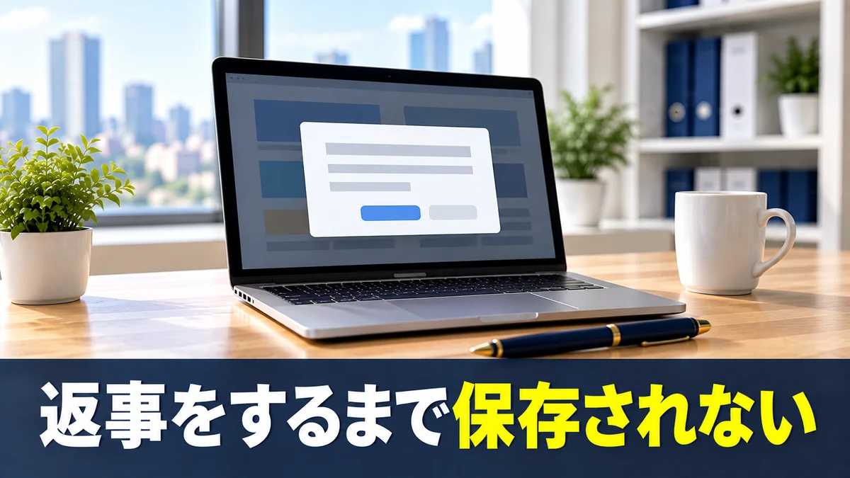 確認を求める画面が映ったノートパソコンで保存の手順を示すバナー