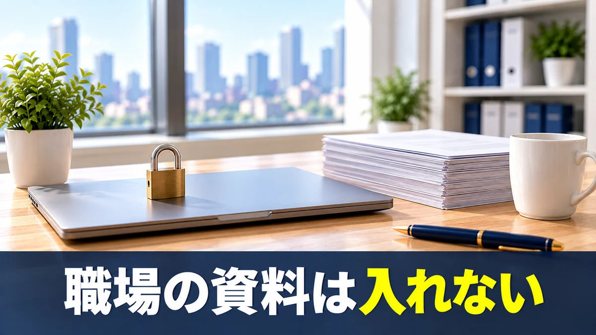 閉じたノートパソコンと鍵で職場の資料を入れない注意を示すバナー